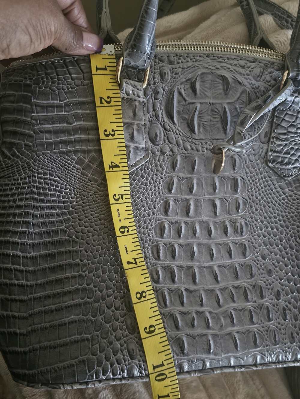 Croc-Embossed Satchel Bag in Gray